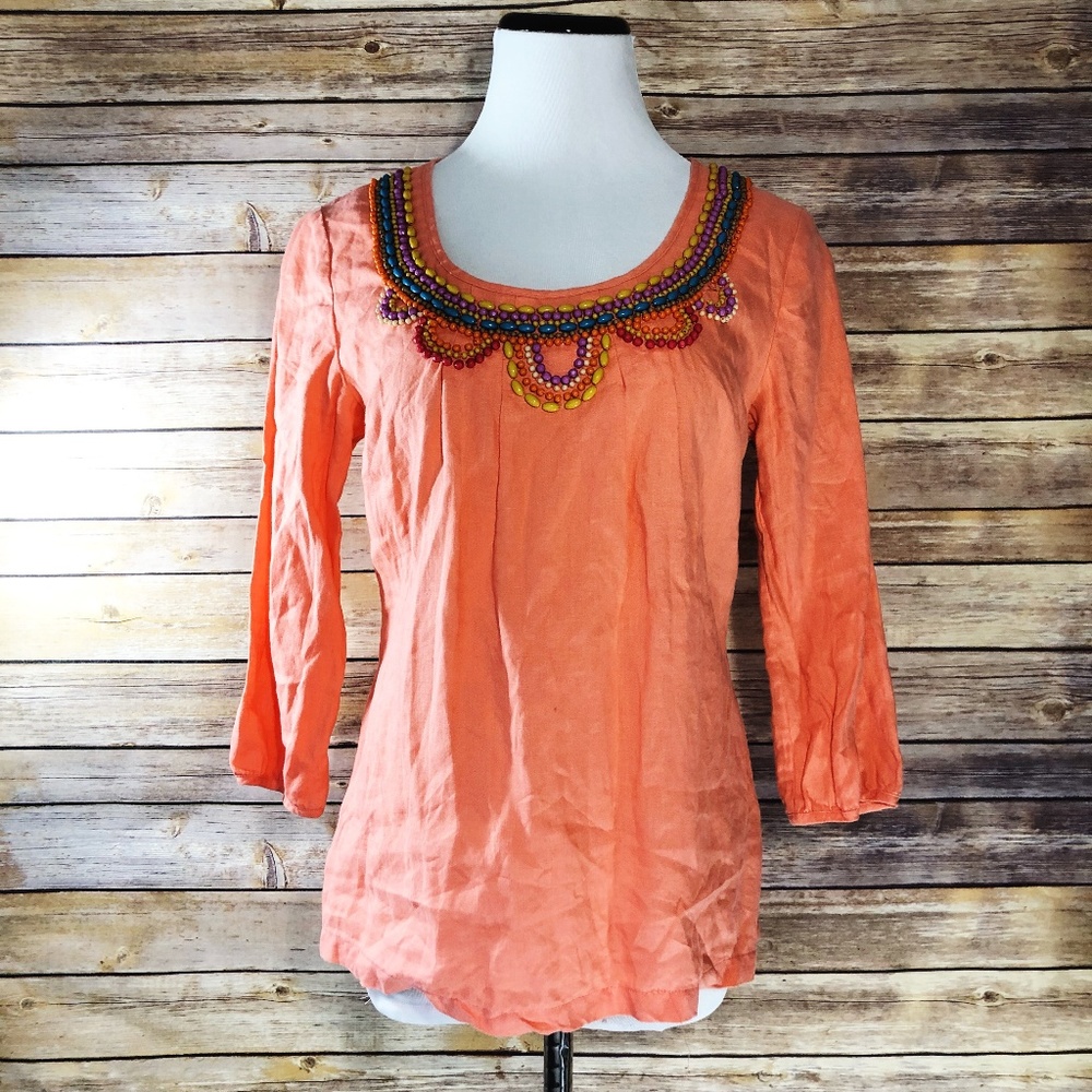 Boden Coral Orange Beaded Neckline Linen Blouse